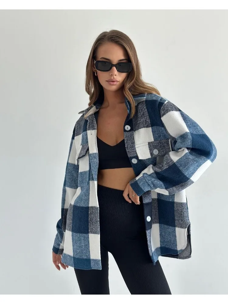 Women Plaid Shirt Tweed Blouse Long Sleeve Cardigan Single-breasted Vintage Harajuku Windbreaker Tops Spring Autumn Coat New