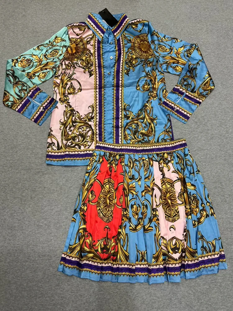 2025 verão feminino retro impressão geométrica lapela camisa curta conjunto de duas peças + cintura elástica solta saia plissada moda terno