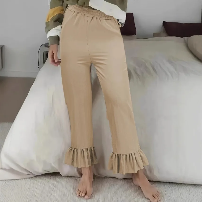 2025 Pantaloni estivi da donna Tinta unita a vita alta con occhielli scavati Pantaloni a gamba larga Pull on Pantaloni larghi