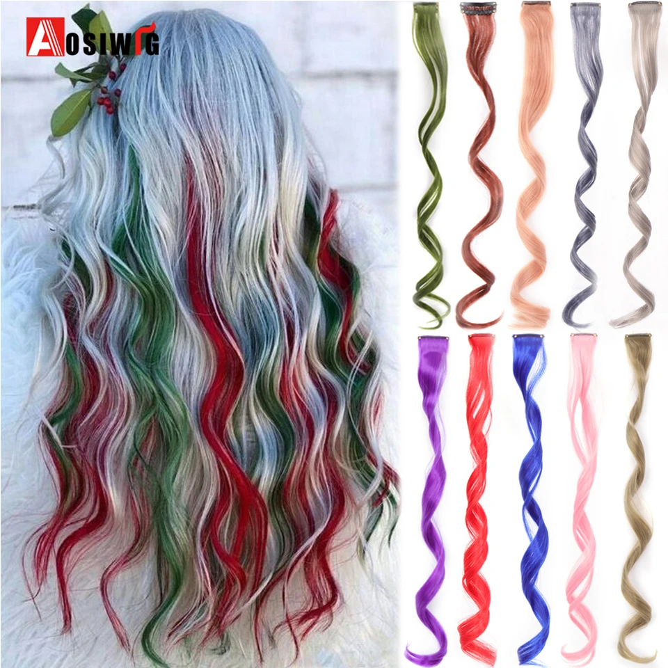 

20Inch Synthetic Hair Extensions With One Clip Heat Resistant Rainbow Hair Piece For Women Long Curly Wavy Style Colorful Hair