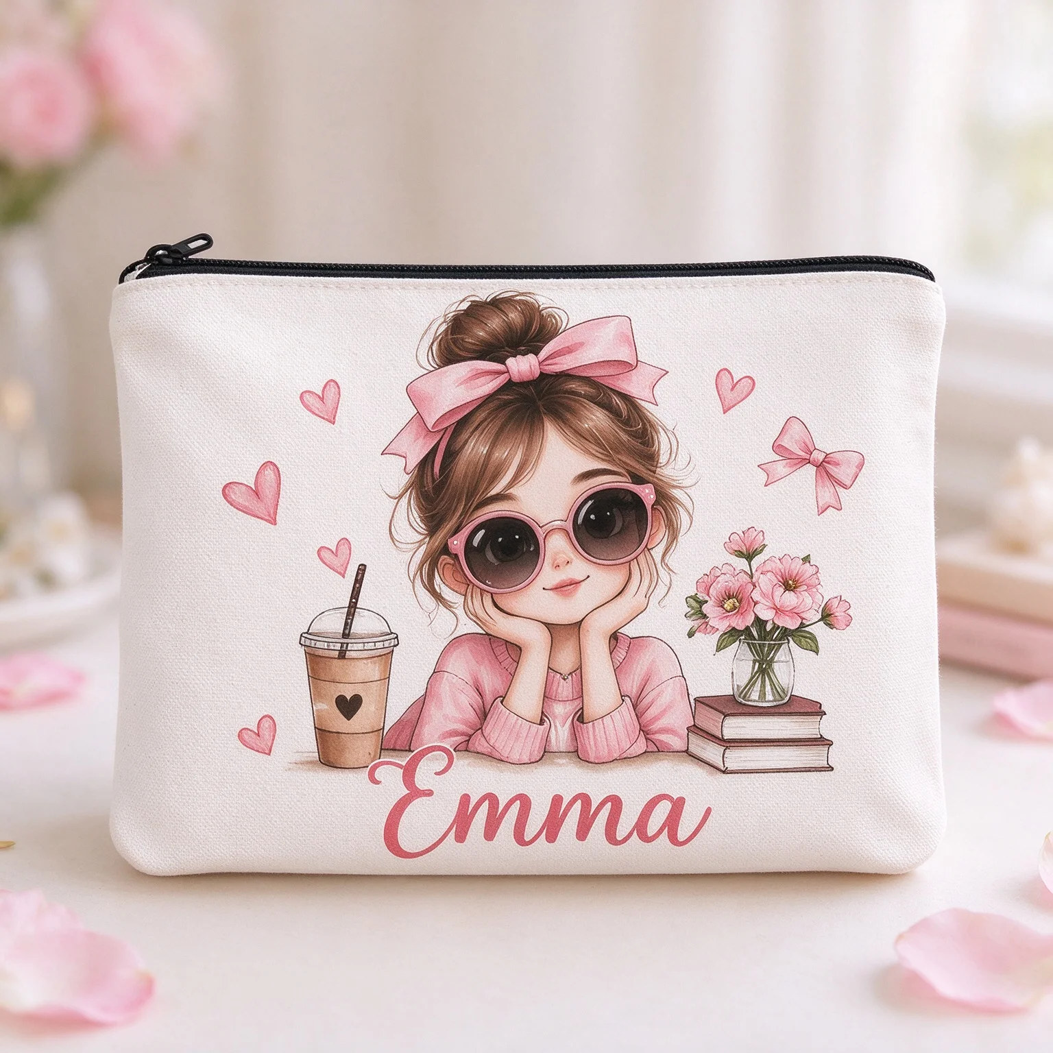 Personalized Custom Name Canvas Zipper Pouch Cute Girl Coffee Book Print Makeup Bag Travel Cosmetic Storage Pencil Case