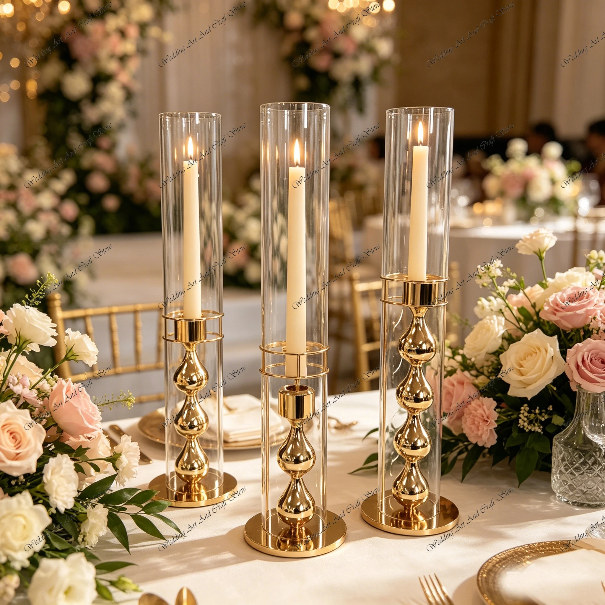 10pcs f30 15-25cm Candle Holder Wrought Iron Gold Candle Holders with 32cm Glass Tubefor Wedding Table Centerpieces ivy1024