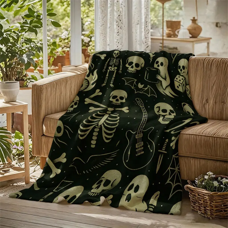 Retro Skeleton Ghost Flannel Blanket Warm Soft Halloween Christmas Decorative Couch Warm Cozy All-Season Gift