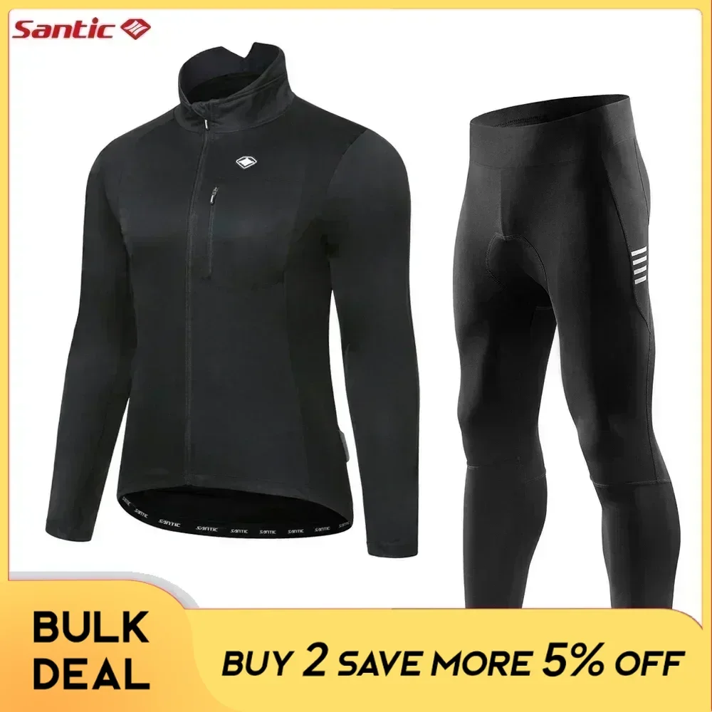 Santic Men Cycling Sets Winter Fleece Thermal Windproof Reflective Bicycle Clothing MTB Jackets 4D Padded Long Pants Asian Size