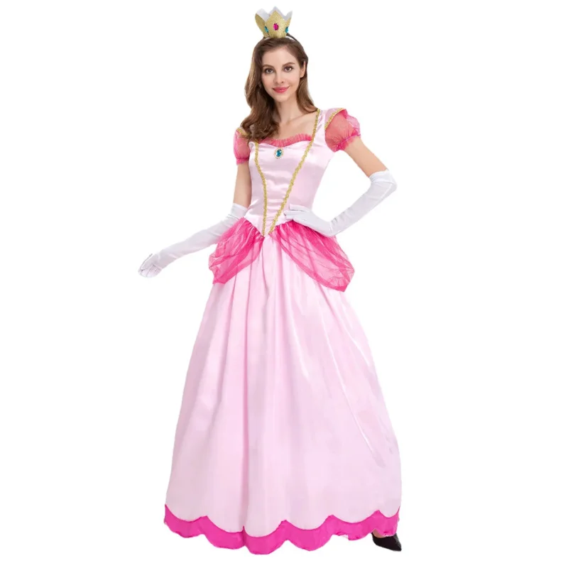 2025 New Women Girls Princess Peach Beech Pink Adult Sexy Fairy Tale Palace Long Dress Performance Cosplay Costume Summ AA