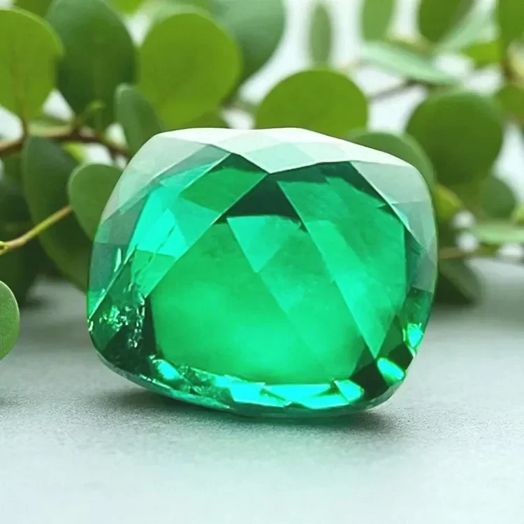 Lab Grown Zambian Emerald- Hydrothermal, Hand-Cut, Cushion Cut, with Cracks Inclusions, With   Certificate For Jewelry