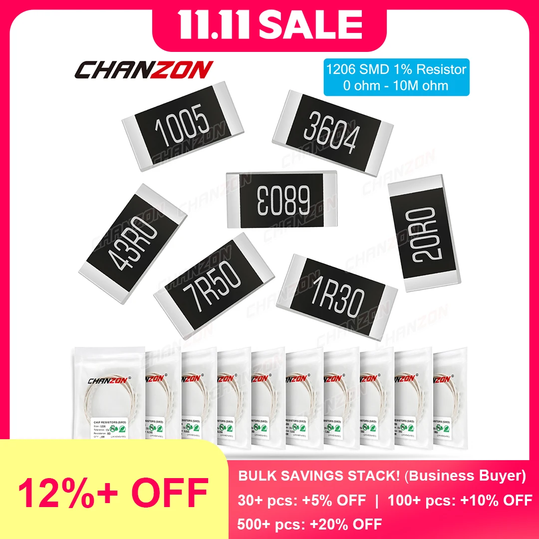 100Pcs SMD 1206 Resistors 0ohm - 10M Ohm 1/4W 1% High Precision Film Chip Fixed Resistance 0.01 0.22 4R7 100 220 330 1K 10K 300K