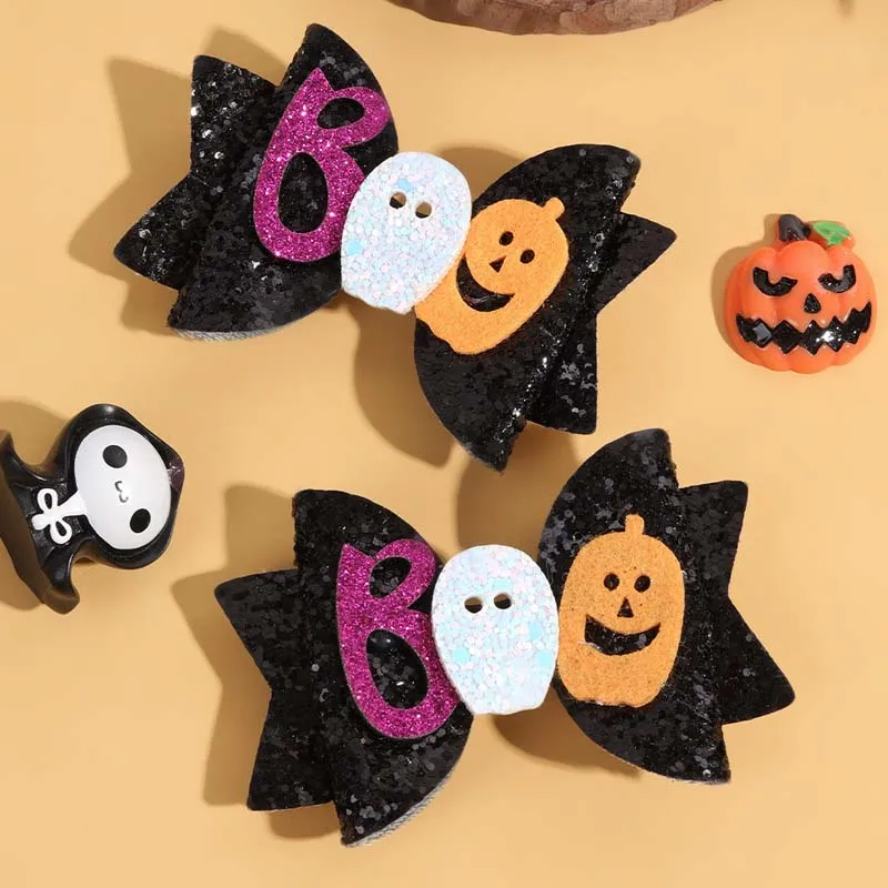 Ncmama 2Pcs Halloween Glitter Hair Bow Hairpin per neonata Pumpkin Ghost Decor Bowknote Hairclip Kids Headwear accessori per capelli