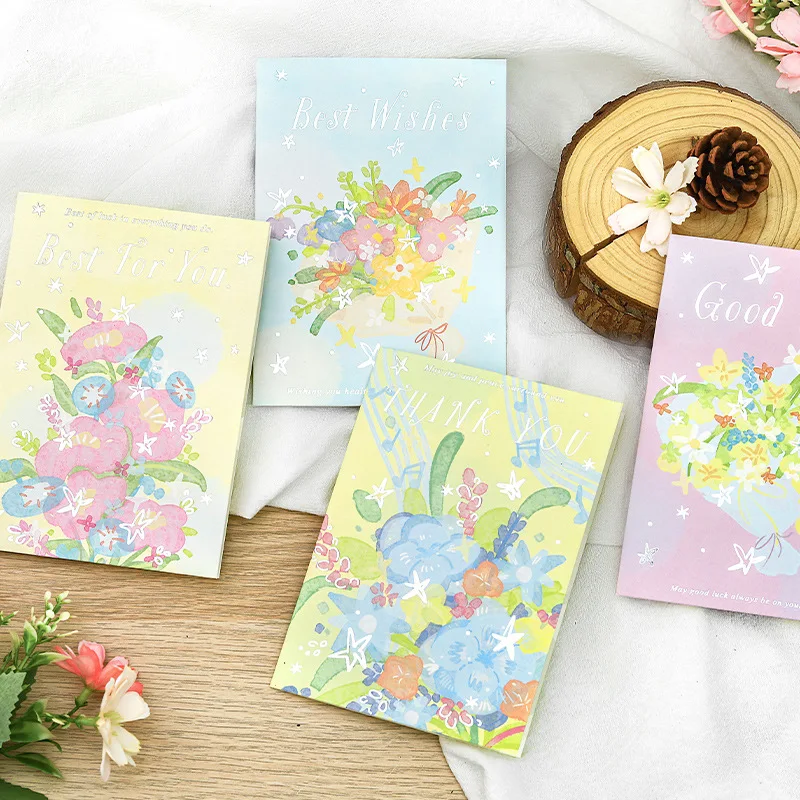 4Pcs Foil-Stamped Greeting Card Set with Floral Arrangements Watercolor Floral Illustration Birthday Gift Decor Handwritten Card