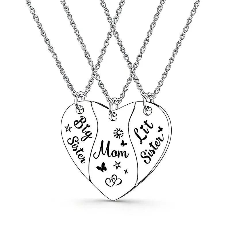 3-teiliges Herz-Halsketten-Set mit passender Halskette für Mutter und Tochter und Sohn, Edelstahl, große Schwester, kleine Schwester, Geschenke für Mutter – Detail 1