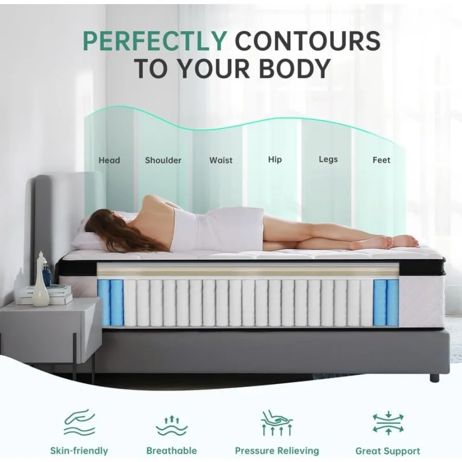 مرتبة بحجم كوين 10 بوصة مرتبة كوين من إسفنج الذاكرة الهجين في صندوق مع زنبرك جيب فردي لعزل الحركة وP