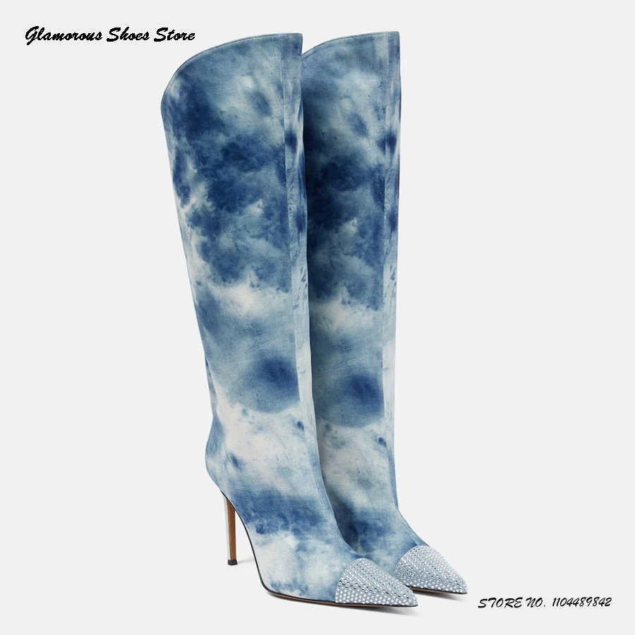 

Denim Stiletto Knee-high Boots Crystal Embellished Pointed Toe Thin Heels Shoes Women's 2025 Spring Autumn Pull On Modern Boots