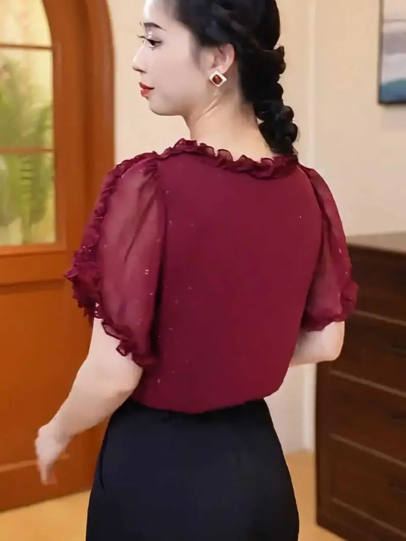 Tops casuais versáteis para o verão novo estilo retrô solto estampa doce jacquard chiffon camisa top para mulheres