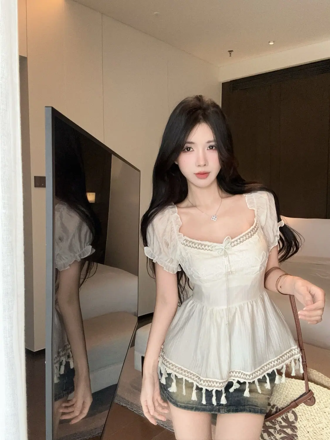 

2025 Summer Blouse French Sweet Short Sleeved Shirt Women Slim Fit Slim Waist Tassel Splicing Ins Top Blusas Mujer