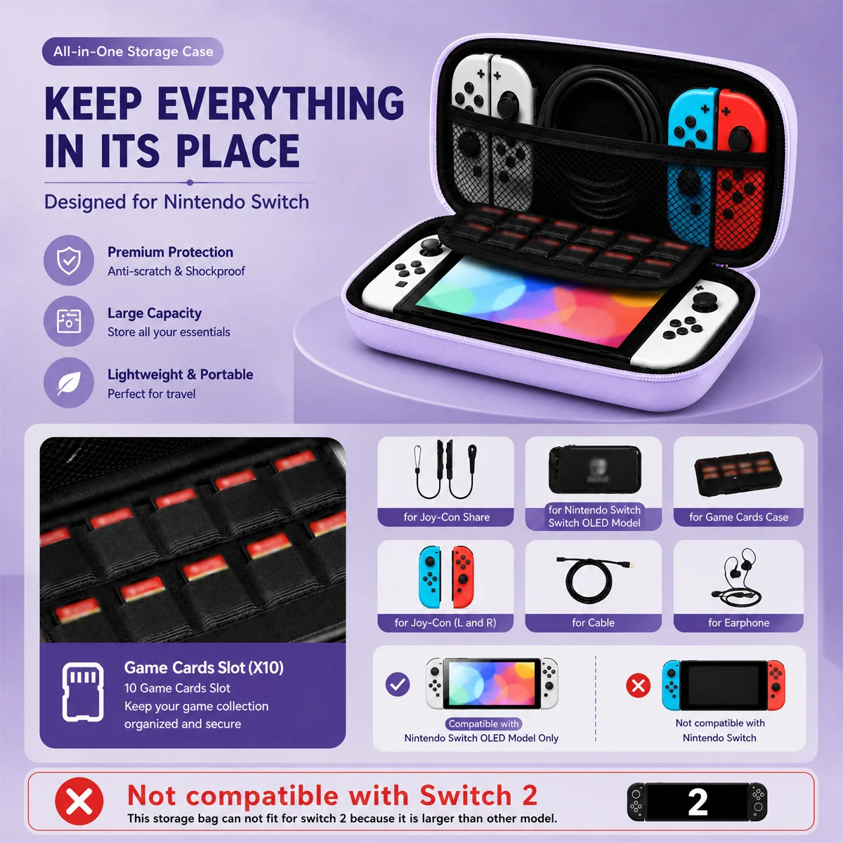 2D Anti-scratch Protective Bag Portable Travel Gaming Accessories Storage Bag for Nintendo Switch Lite/OLED With Mesh Pockets