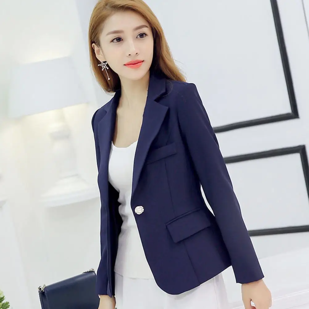 Spring Autumn Women Blazer Lapel Long Sleeves Flap Pockets Office Blazer Solid Color Commuting Style Single Button Suit Coat