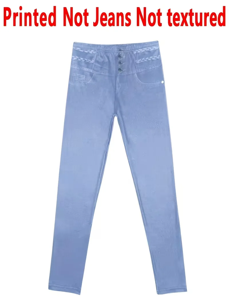 Bedruckte Leggings für Damen, kein Denim-Stoff, Hosen mit aufgesetzter Tasche und Knopfdruck-Design, hochelastisch, modisch, schmal geschnitten, lässig – Detail 3