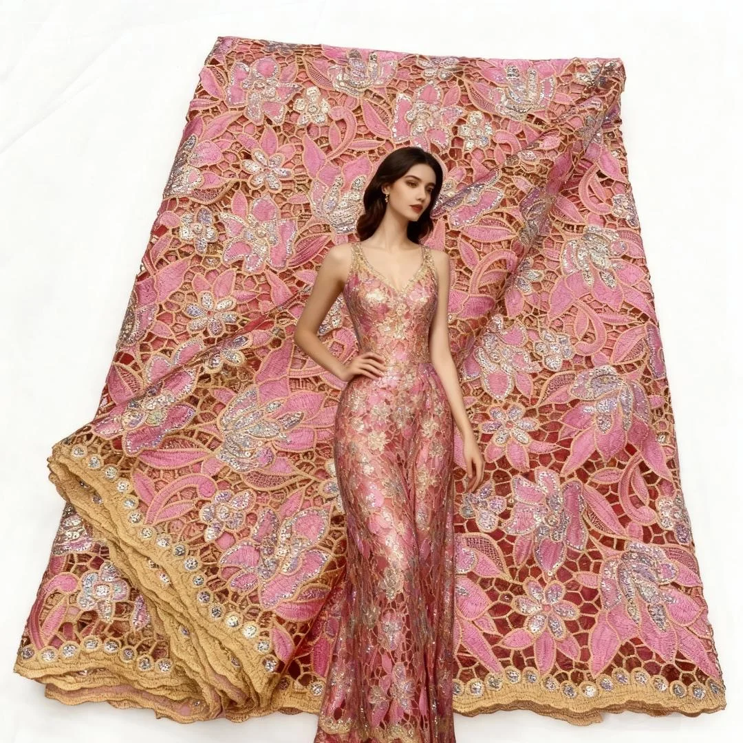 

African Sequins Guipure Cord Lace Fabrics 5 Yards 2025 New Nigerian Water Soluble Lace For Women Luxury Wedding Dresses Sewing