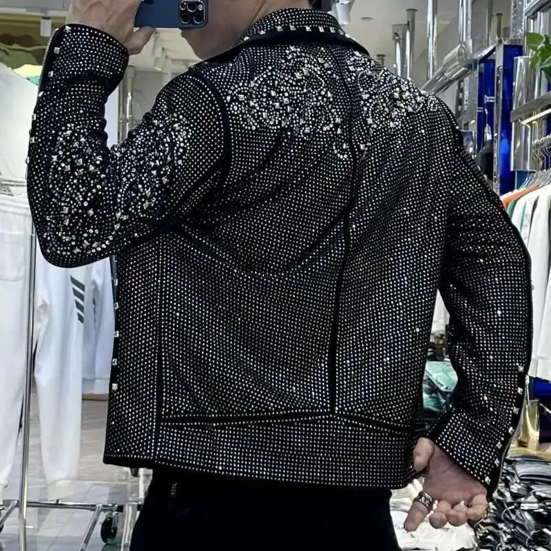 European Style Men Streetwear Jacket Fall Winter Casual Men Motorcycle Jacket Top Men Fashion Trend Star Hot Drilling Men Jacket