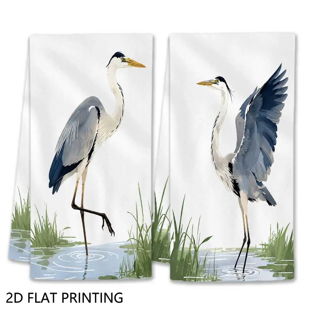 Jit 2pcs Watercolor Heron Bird Reed Lake Pattern Dish Towels For Home Kitchen Nature Coastal Decor