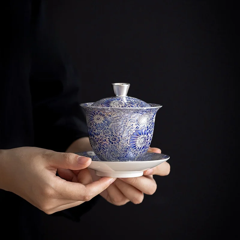 160ML Ceramics Gilded Silver Sunflower Gaiwan Handmade Household Kung Fu  Set Bowl Tea Cup Tureen Pot Gift Box
