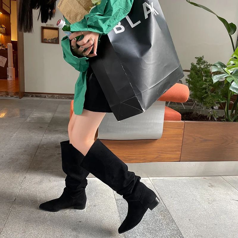 Knee- High Boots LadySlip On Simple Pleated Stretch Suede Winter Botas Big Circumference Spring Autumn Woman Boots Large Size43