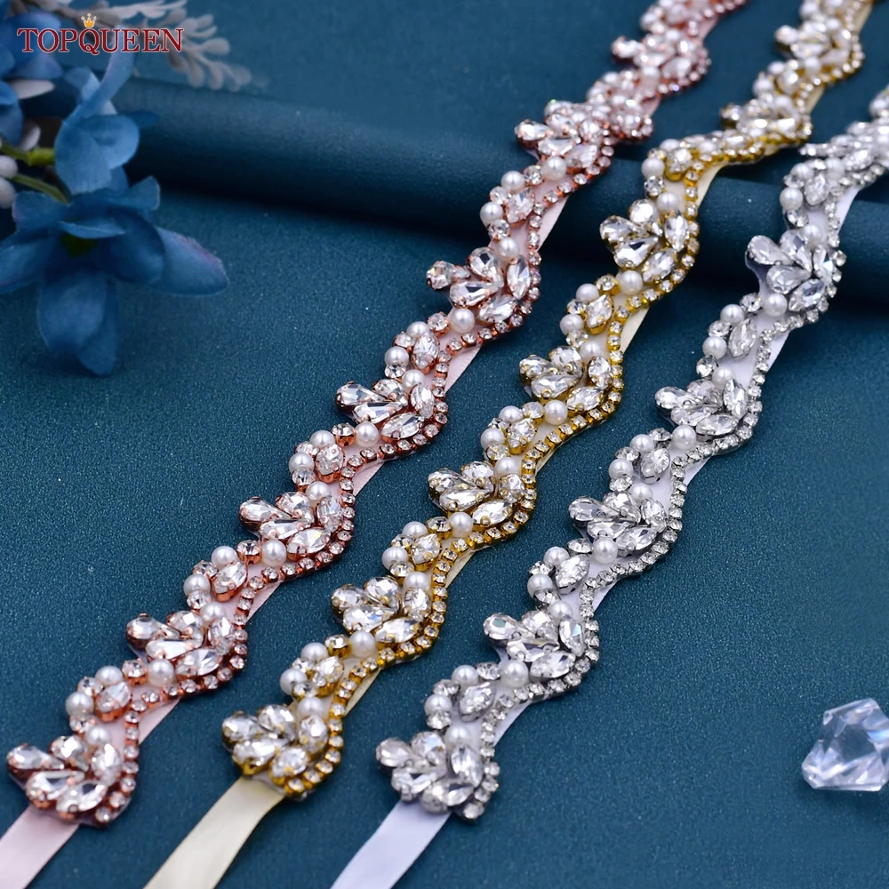 TOPQUEEN S421 Bridal Belt Luxury Colorful Decoration Pearls Applique Bride Women Wedding Party Evening Gown Dress Handmade Sash