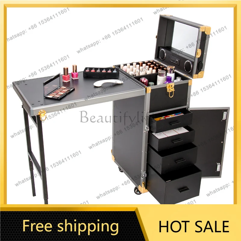 XX.Black Cosmetic Workstation Folding Rolling Portable Case Nail Tech Tables Manicure