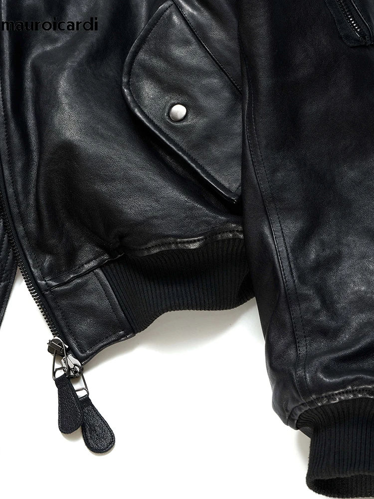 Mauroicardi Autumn Winter Cool Handsome Short Vintage Thickened Warm Black Pu Leather Bomber jacket Men Luxury Designer Clothes