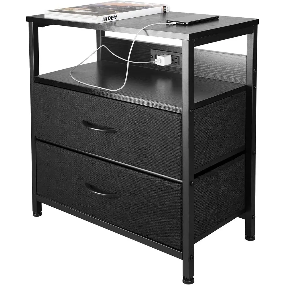 End Table with Charging Station & USB Ports, Rustic Nightstand with abric Ders and Storage Shel, Soa Bed Side Table, Narrow Entr