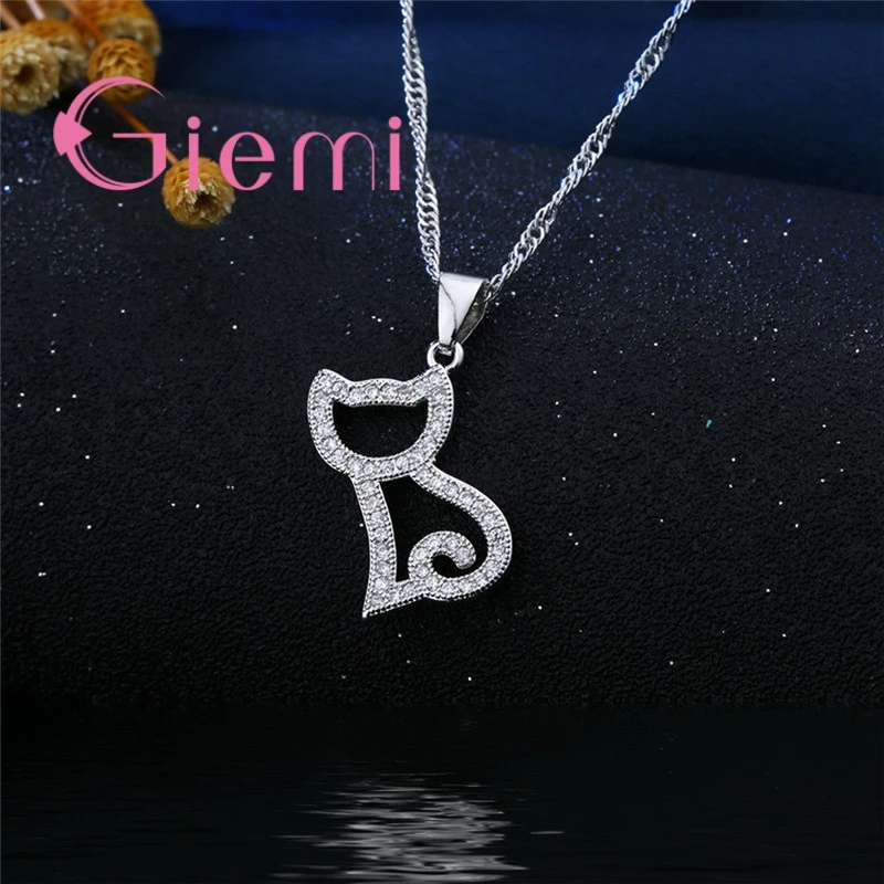 Romantic Cute Cat Sex Shape Animal Pattern Necklace Earrings for Women's Birthday Gift Jewelry Set 925 Sterling Silver