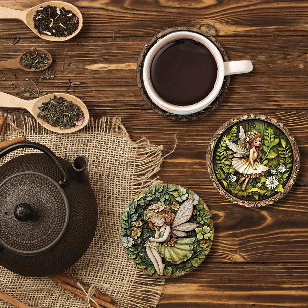 6 قطع 2D الوقايات الخشبية الأخضر قزم نمط موضوع سطح المكتب الحصير الحرارة ديكور المنزل القهوة القدح الوقايات لمطعم مكتب