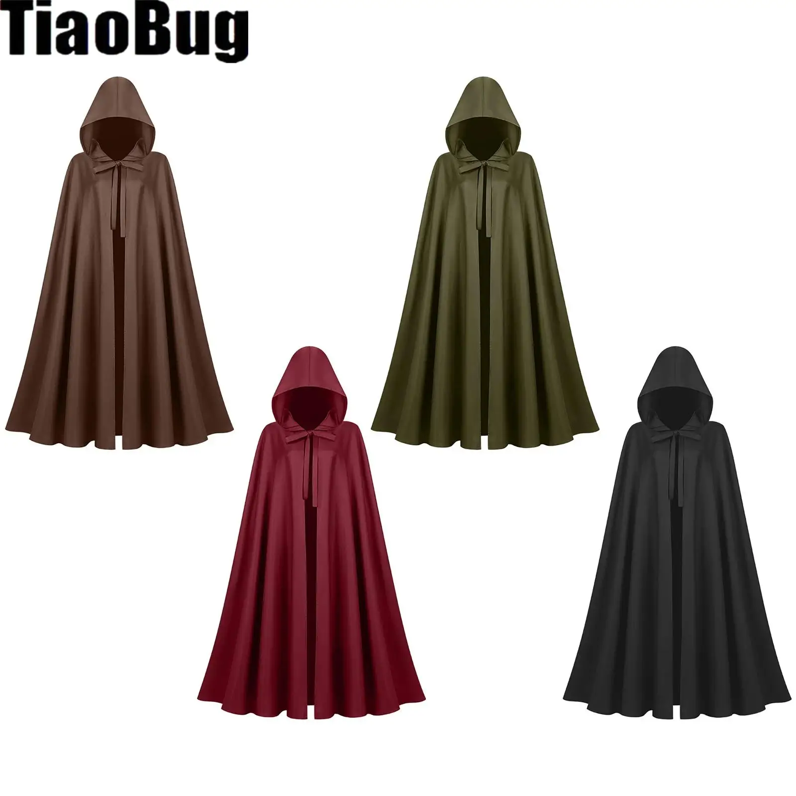 Unisex Women Men Renaissance Knight Cosplay Cloak with Hood Solid Color Long Cape Wizard Witch Hooded Robe for Halloween Party
