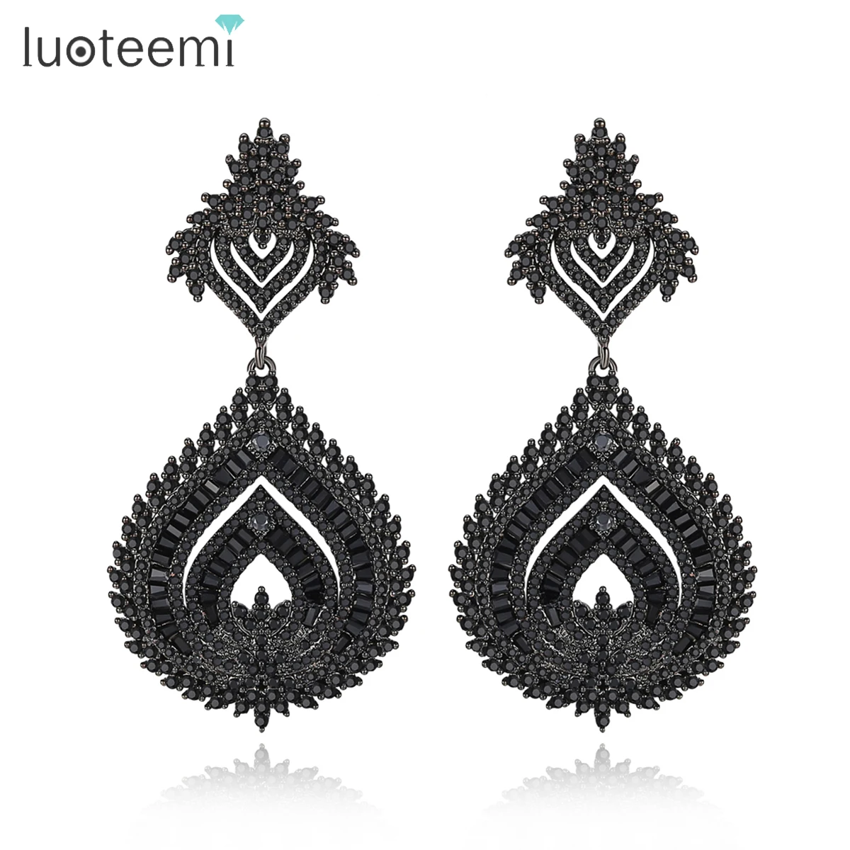 LUOTEEMI Ethnic Big Dangle Charm Copper Waterdrop Statement Long Earrings Black Clear CZ Zirconia Earring for Girl Party Gift