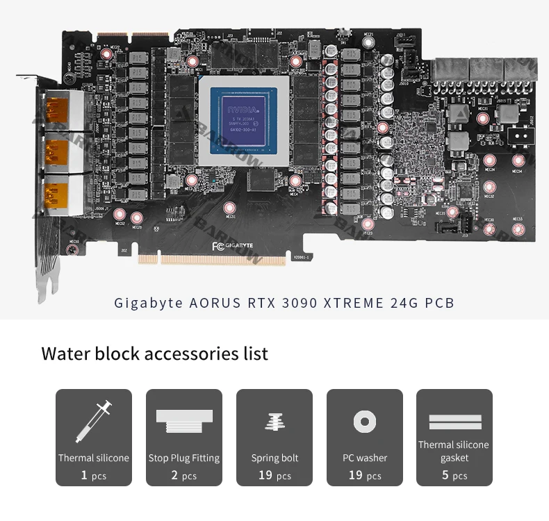 Imagem -06 - Bloco de Água de Cobre Barrow para Gigabyte-rtx Aorus 3090 3080 Xtreme Max 10g 24g Cartão Gpu de Cobertura Total Bs-gix3090-pa2