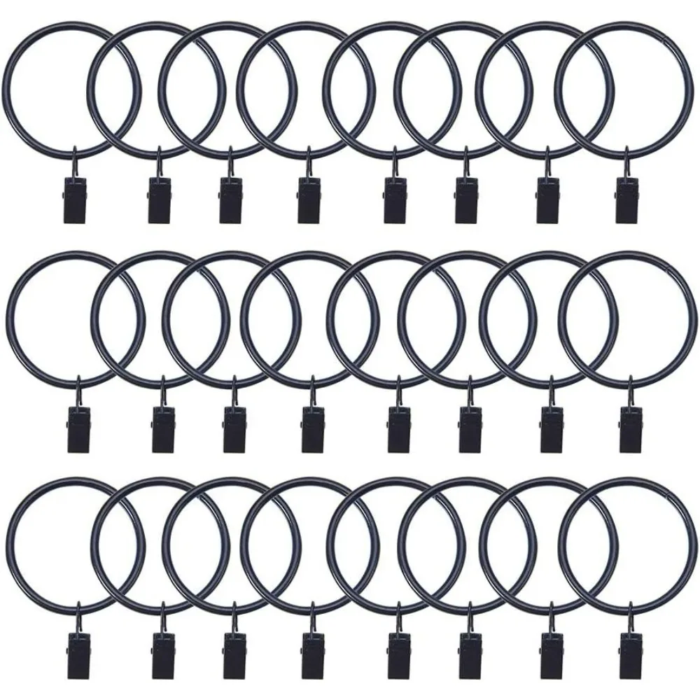 25 Pack Iron Drapery Curtain Clips Rings, 1.2 Inch Interior Diameter Curtain Rings with 1.2 Inch Clips for Curtain, Black