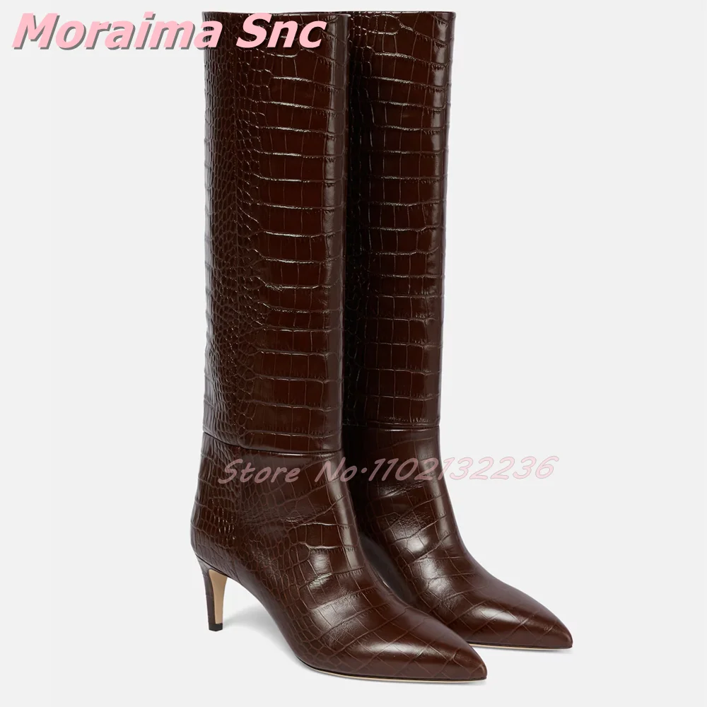 

Stone Pattern Pointed Toe Knee High Boots Small Thin Heel Slip On Fashion Concise Women Long Modern Boots Autumn Winter 2026 New