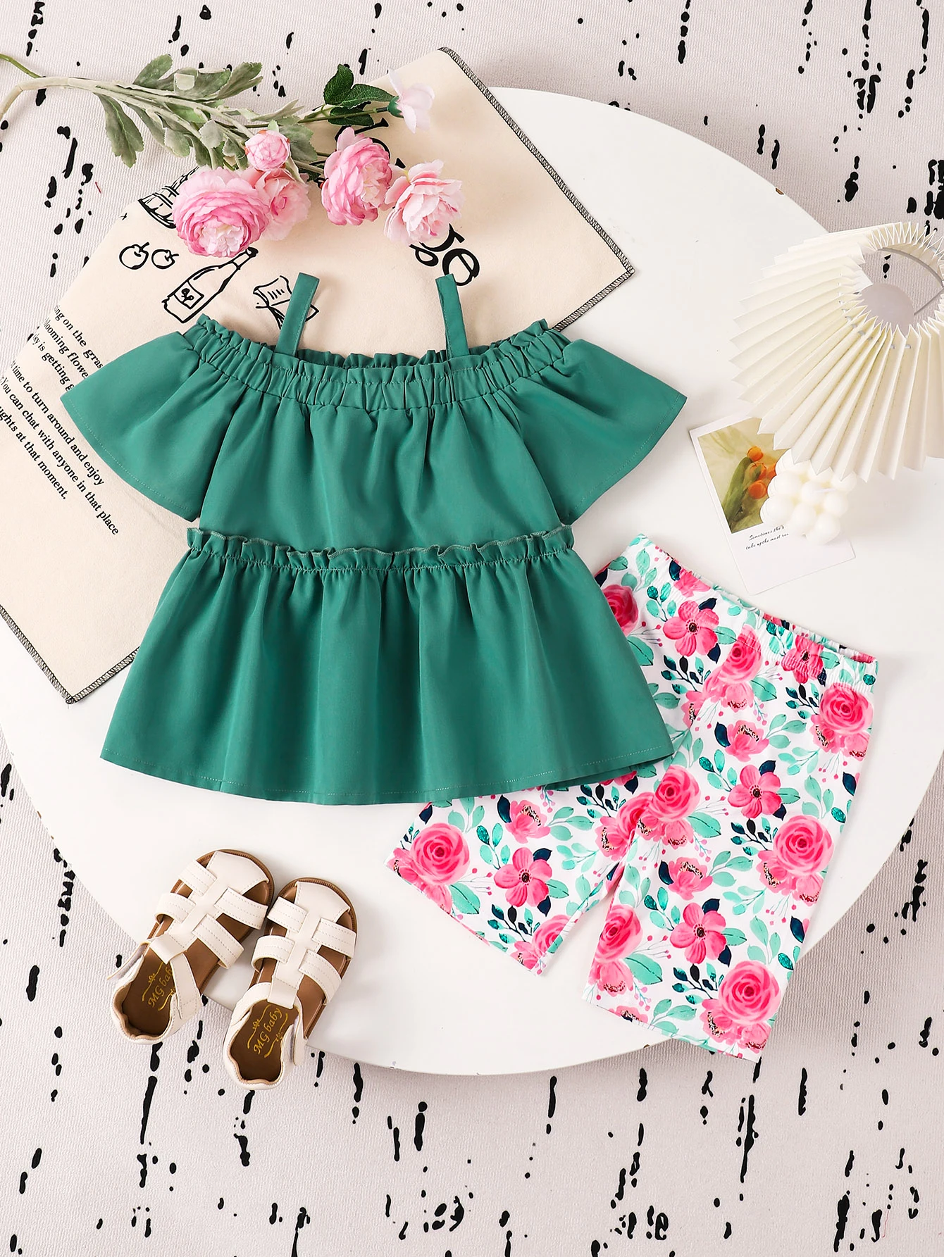 Summer  4-7  Years  Cool  Girls  Spaghetti  Strap  Top  And   Printed  Shorts  Casual  2-Piece  Set