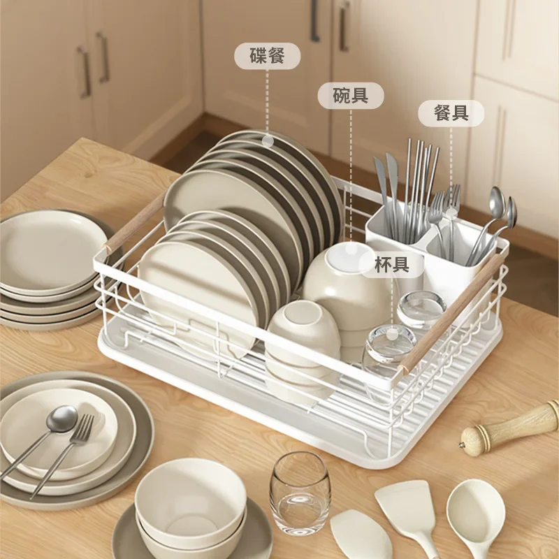 Kitchen Shelves Cutlery Storage Draining Dish Rack Japanese Iron Double Dish Metal Storage Chopsticks Bowl Shelf White Color