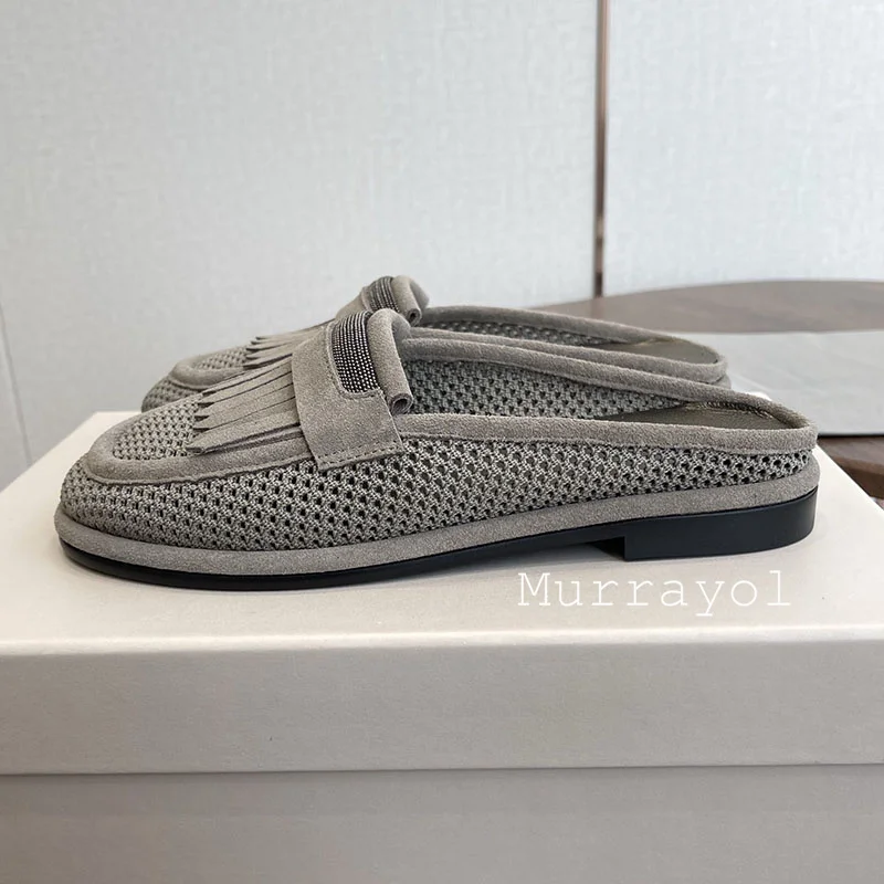 

Lazy Mules Women Suede Metal String Bead Decor Closed Toe Flat Half Slippers Spring Autumn Outdoor Vacation Walking Shoes 2026