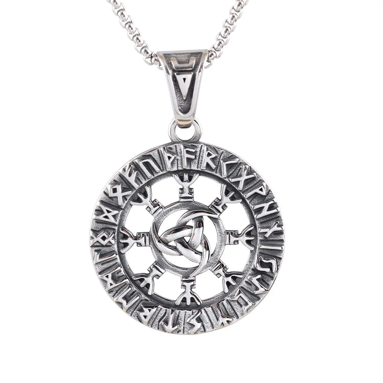 

Vintage Nordic Viking Odin Amulet Pendant Necklace with Stainless Steel Chains Unisex Runes Jewelry