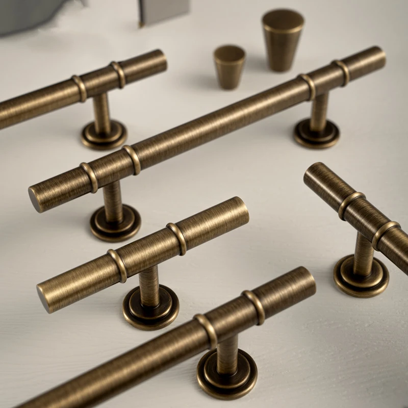 Antique Solid Brass Furniture Handles Modern Minimalist Conical Drawer Knob T-bar Pull Bronze Kitchen Cabinet Handle