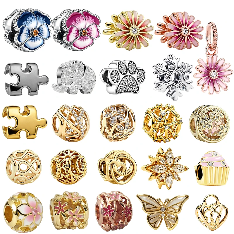 Perles de charme originales, fleur de marguerite rose, charme empreinte de patte scintillante et charme fleur de pansy rose, pour bracelet pendentif, cadeau de bijoux pour femme