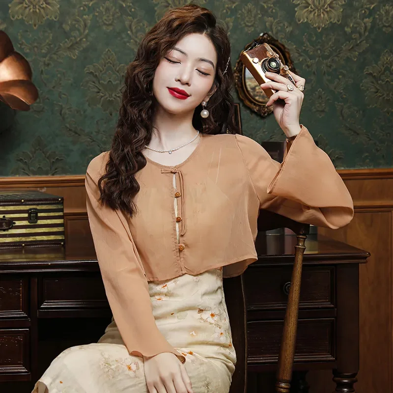 

Новая женская шифоновая шаль в китайском стиле с длинными рукавами и пуговицами-лягушками, укороченный элегантный топ с защитой от солнца, абрикосового цвета