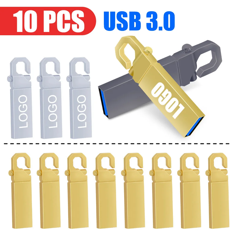

10 шт. USB-флешка 3,0, 8 ГБ, 16 ГБ, 32 ГБ, 64 ГБ, 128 ГБ, водонепроницаемый металлический ключ, карта памяти, бесплатный логотип