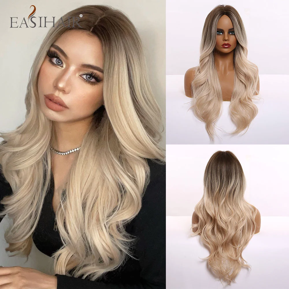 EASIHAIR Ombre Braun Licht Blonde Platin Lange Gewellte Mittlere Teil Haar Perücke Cosplay Natürliche Wärme Beständig Synthetische Perücke für Frauen