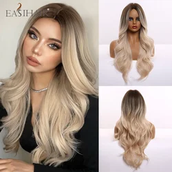 EASIHAIR Ombre สีน้ำตาลสีบลอนด์ Platinum ยาวหยักกลางวิกผมคอสเพลย์ธรรมชาติวิกผมสังเคราะห์ทนความร้อนสำหรับสตรี