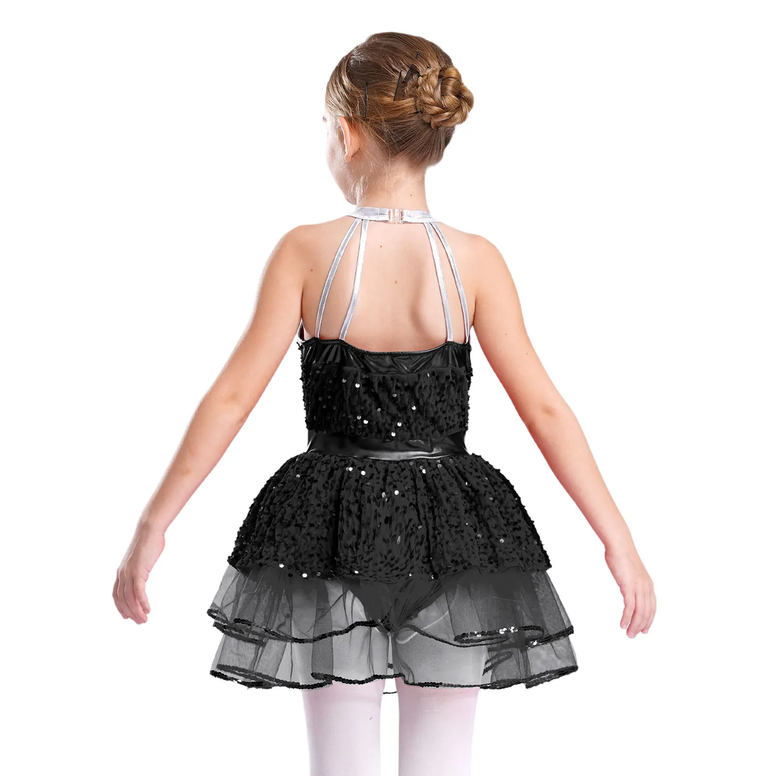 Kids Gilrs Ballet Skirted Leotard Tutu Dress Glittery Sequins Velvet Halter Gymastics Leotard Figure Skating Performance Costume