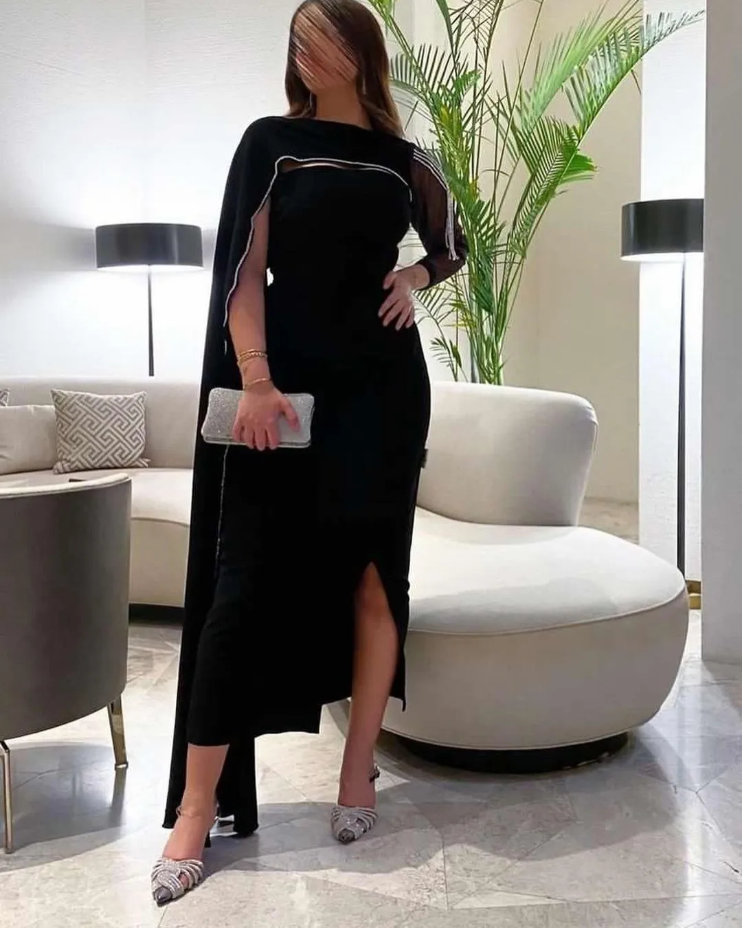 

Fashionvane فستان سهرة نسائي Stapless Black Side Slit Prom Dresses Long Sleeve Wraps Vestidos De Fiesta Elegantes Para Mujer