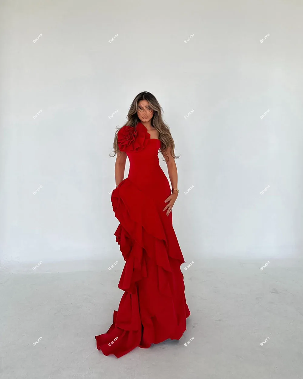 Booma Red Mermaid Evening Dresses One Shoulder 3D Flowers Ruffles Formal Party Gowns for Women Saudi Arabic Prom Dress Dubai